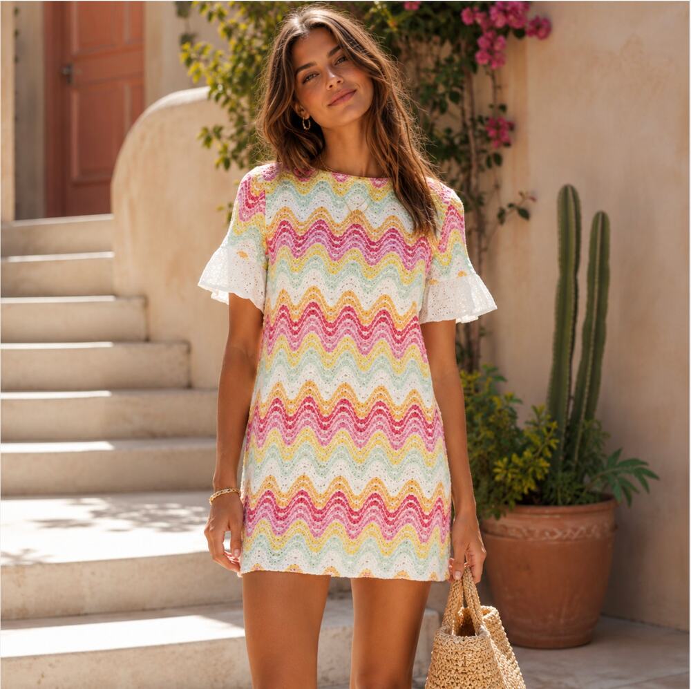 Tularosa Revolve Pastel Crochet Chevron Mini Dress Pink Yellow Blue Boho Size XS